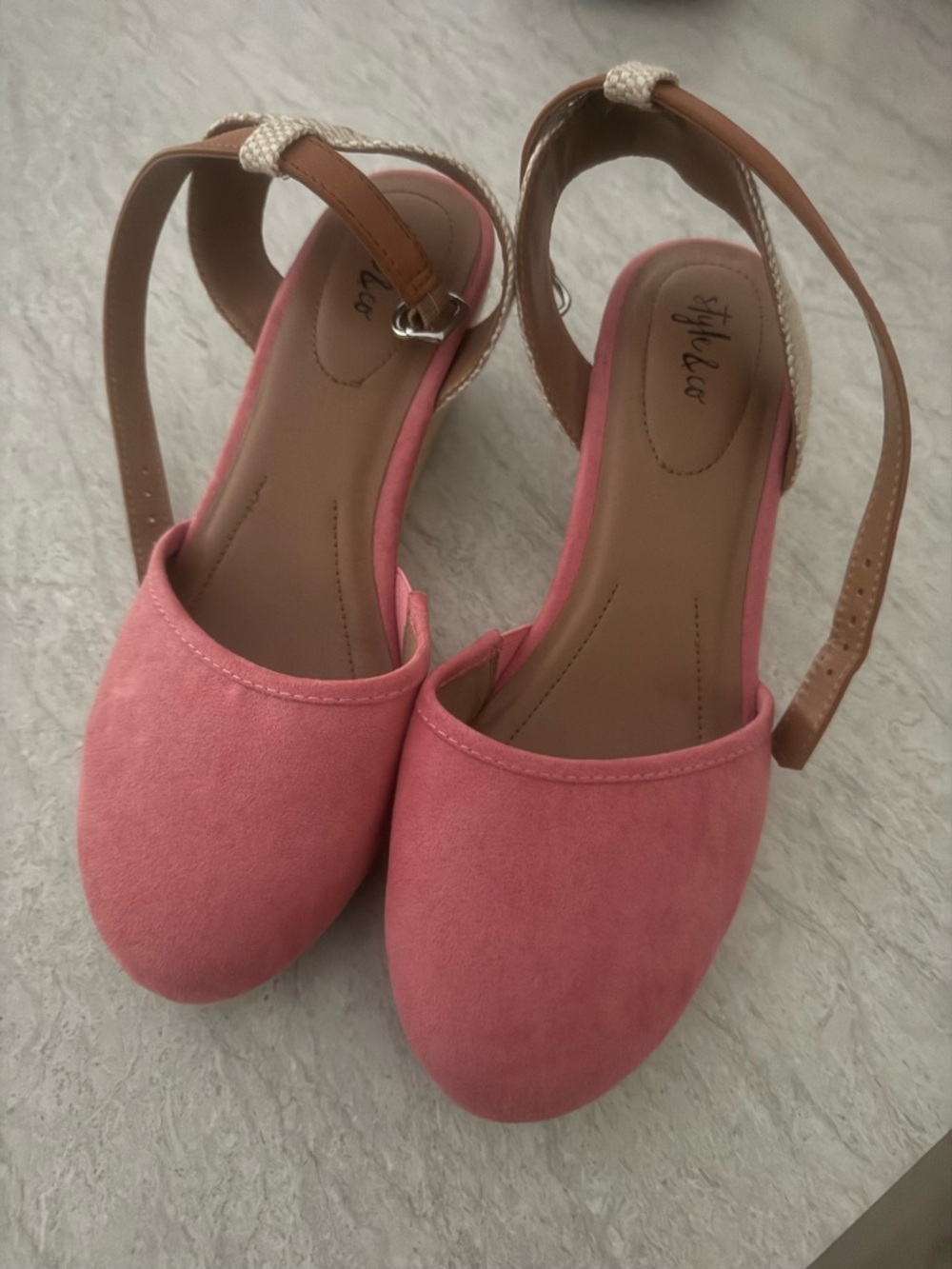 Style & Co. Pink Suede Slingback Flats with Brown Ankle Strap